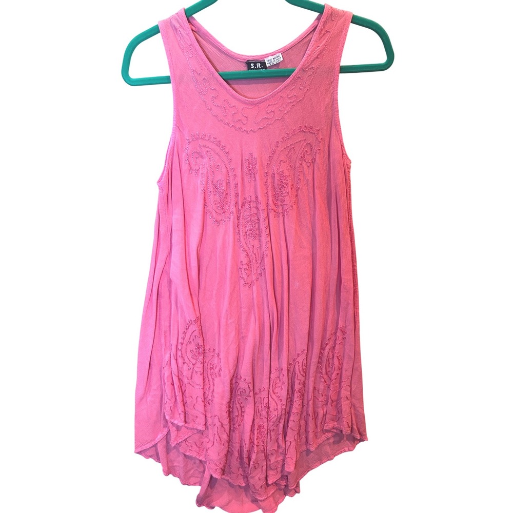 S.R. Fashion Tunic Women Free Size Pink Excellent Embroidered Boho Sharkbite Hem